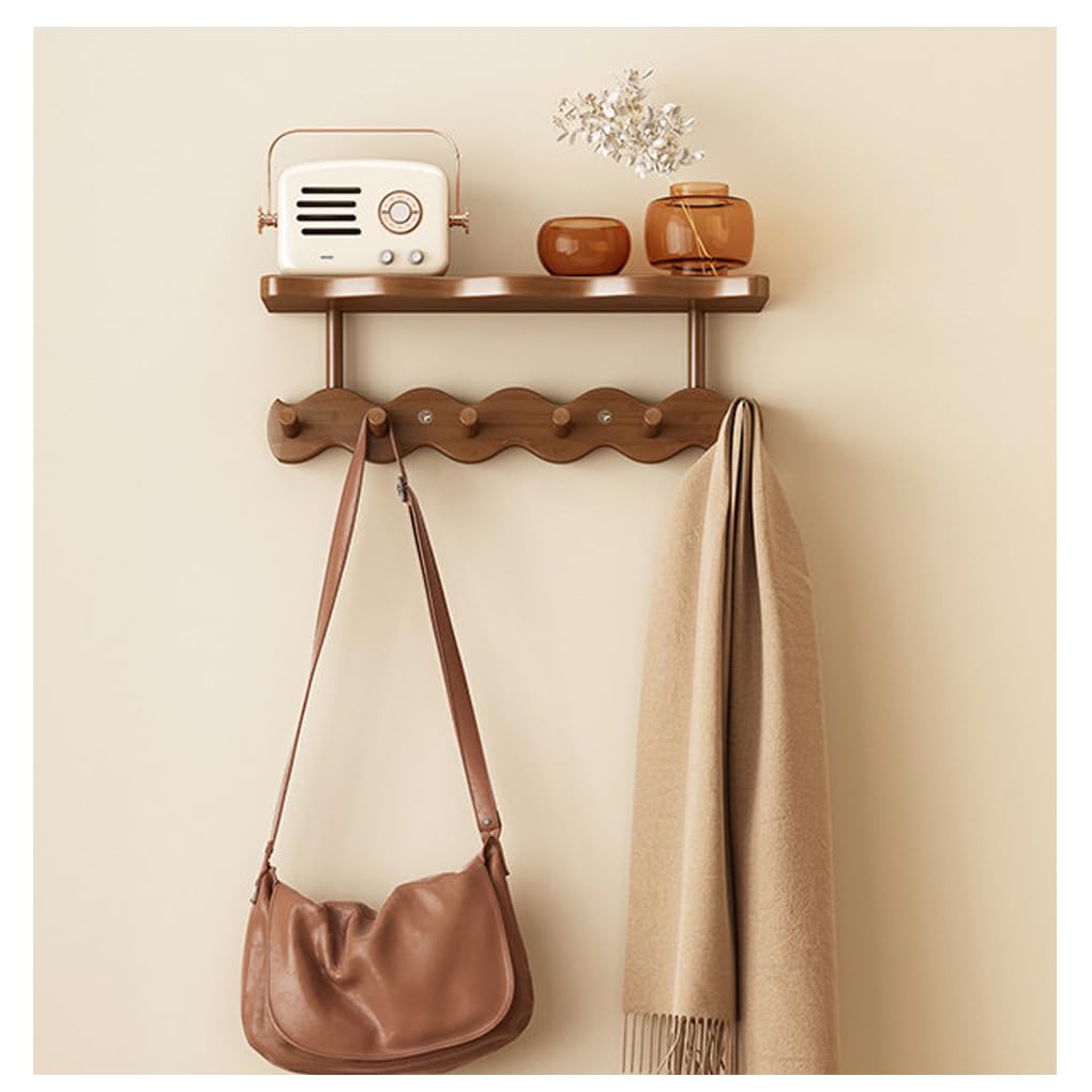Qpkz Brown Solid Wood Coat Rack With Shelf Wall Mount, Wooden Wall Hooks Entryway Hanging Rack Coat Hooks Rail Clothes Towel Racks With Hook For Coat, Bag, Towel 6Hook