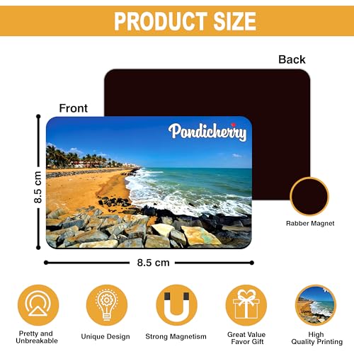 Image of Elegant Fridge Magnet with Themes |Rectangular Size Refrigerator Magnet with Magnetic Rubber Back | Pack of 1, 8.6cm X 5.4cm (Pondicherry - Design 1)