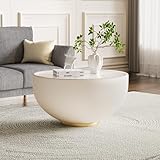 Mcltopz 27.55' White Round Coffee Table, Drum Coffee Table with Sintered Stone Tabletop and Fluted PU Leather Covered and Metal Base, Circle Cocktail Tea Table for Living Room