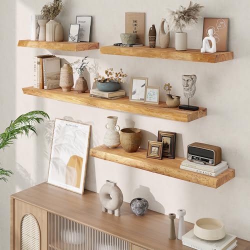 Image of Acovy Extra Deep 40 inch Long Live Edge Rustic Floating Shelves for Wall, Solid Wood Wall Shelves with Invisible Bracket Mount for Living Room Bathroom Bedroom Kitchen, Set of 1, Natural