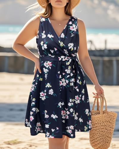 Image of Holipick Women's Plus Size Sleeveless V Neck Wrap Sundress Summer Casual Dress with Pockets