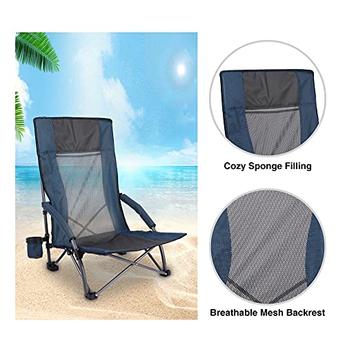 Redcamp Beach Chairs For Adults,Folding High Mesh Reclining Back Chair With Cup Holder For Camping Lawn Outdoor Travel, Navy #TOP3