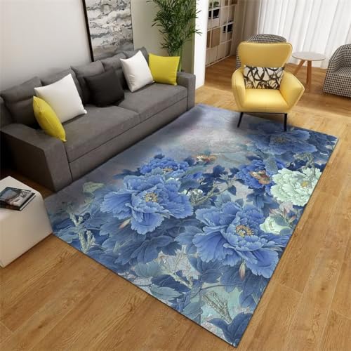Moquette couloir et tapis salon bleu à motif fleuri doux