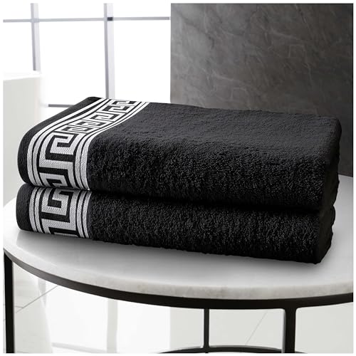 GC GAVENO CAVAILIA Greek Key Bath Sheets 2 Pack – Extra Large 500 GSM Towels with Quick Dry & Super Absorbent Finish, Soft 100% Cotton Fabric Ideal for Bathroom, Spa & Gym - 80x140 cm - Black
