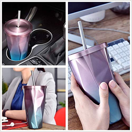 Taza de café con pajita de acero inoxidable aislada al vacío para oficina, 473 ml Rosa y azul. - Imagen 6