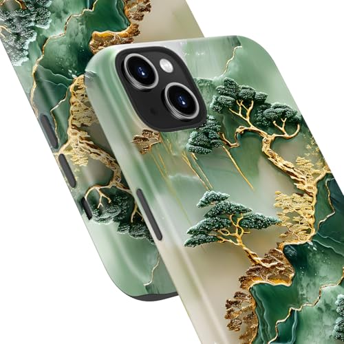 Image of Goodon for iPhone 14 Plus Case Cute - Wireless Charging Compatible - Dual-Layer Hard Shell + Silicone Cover - Protective Phone Case with Trendy Designs for Women - Gold Inlaid Jade Carving