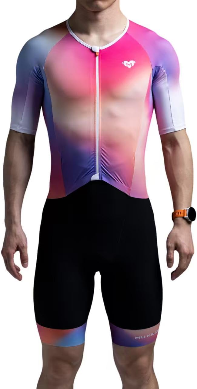 MY KILOMETRE Men’s Triathlon Suits Short Sleeve Tri Suit Racing Triathlon Suit – Quick Dry, Padded, Zipper Pocket