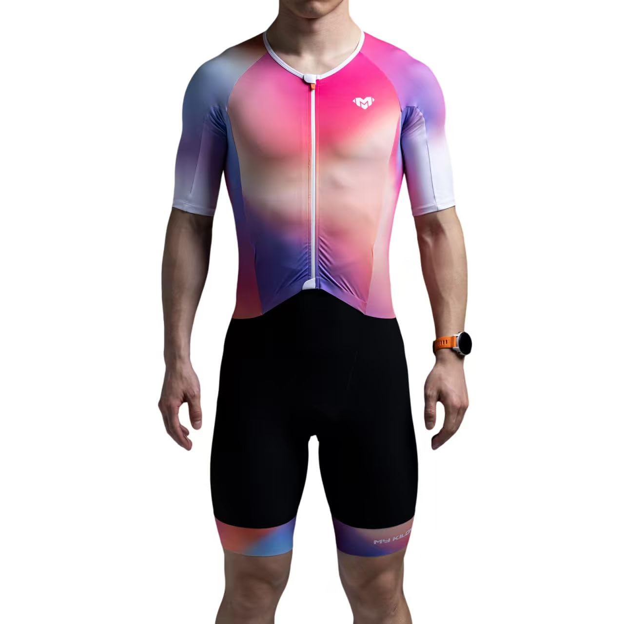 MY KILOMETRE Men's Short Sleeve Triathlon Suit, Padded Race Trisuit