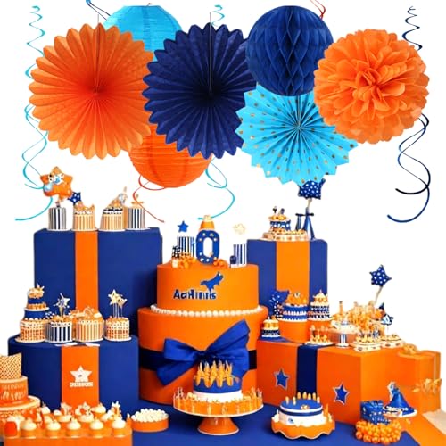 Image of Orange Blue Men Birthday Decorations - 21pcs Happy Banner Garland,Bluey Paper Streamers Lanterns,Flower Tissue Pom Poms Fan Supplies,Hanging Wall Backdrop Party Decor Huglony