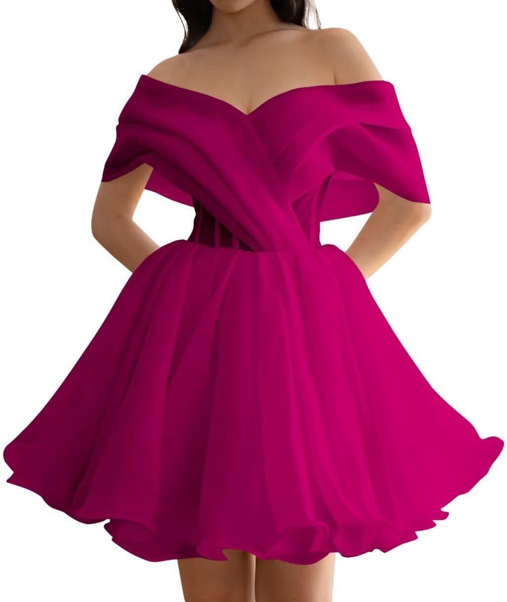 Women's Short Wedding Dresses Off Shoulder Ruffle Bride Party Gown Tulle Short Mini Prom Dresses HRL12