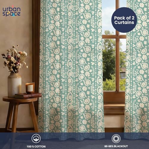 Image of Urban Space 100% Cotton Floral Curtains 5 Feet Long Set of 2, 60-65% Room Darkening, Decorative Curtains with Eyelets /Rings for Hanging, Tieback Included (Dhara Dusty Teal, Window - 5 Feet)