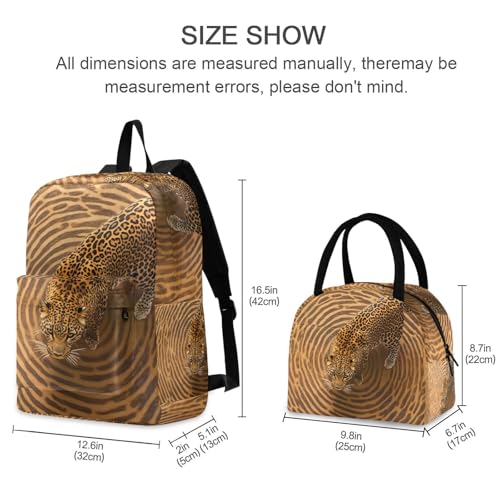 Backpack Lunch Box Set Large Capacity Travel Backpacks and Insulated Lunch Bag for Commute Hiking Picnic Art Leopard Print2
