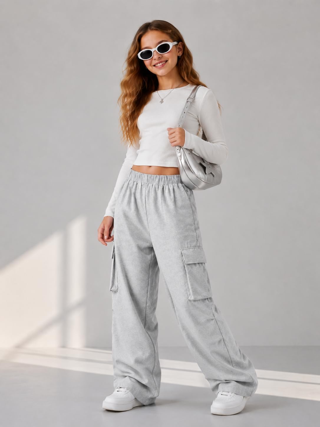 Azmxynol Tween Girl's Pants 2 Pack Trendy Wide Leg Sweatpants Cargo Pants Fall Winter, Size 7-16 Years