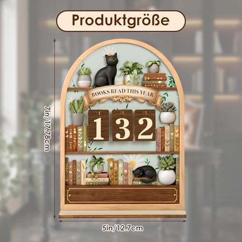 Bücherregal Deko, Holz Lesetracker Deko Schreibtisch mit Schwarzer Katze, Buch Zubehör Komplettes Set für Leseratten und Bookish Stuff, Ästhetische Schreibtischdeko als Geschenk für Leseratte