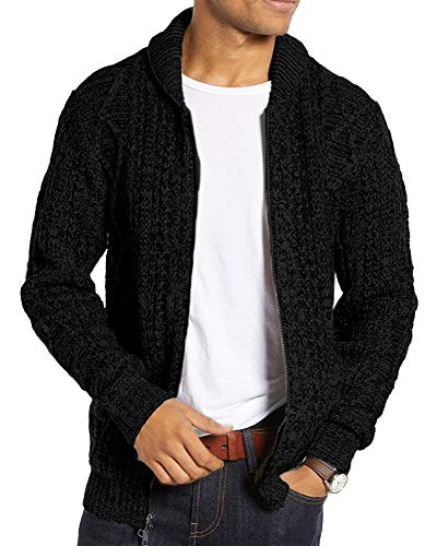 Ryannology Mens Cardigan Sweater Shawl Neck Casual Zip Up Cable Knit Lightweight Sweater Jacket Outerwear Black