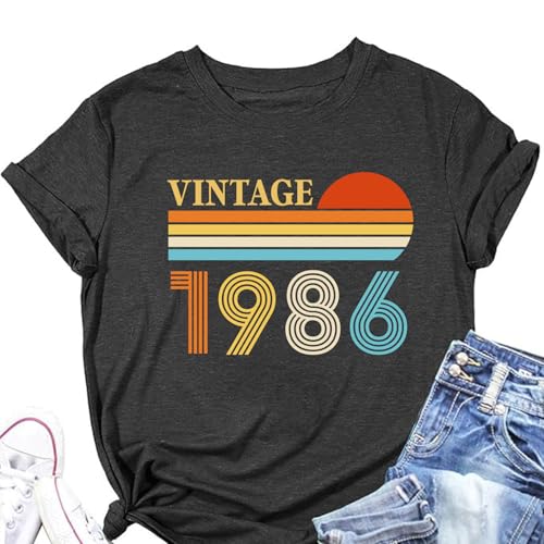 40th Birthday Shirts for Women Vintage 1986 Retro Birthday Party Top Casual Short Sleeve Loose Tee Tops