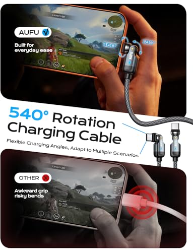 Image of AUFU PD 60W USB C to USB C Cable 6.6ft(1Pack), Double 180 +360Rotation /C to C Fast Charging /Type C to Type C Cable /6ft USB C Cable for 1Phone 17 /16 /15 /Ma-Book /1Pad Series, Samsung Galaxy Series