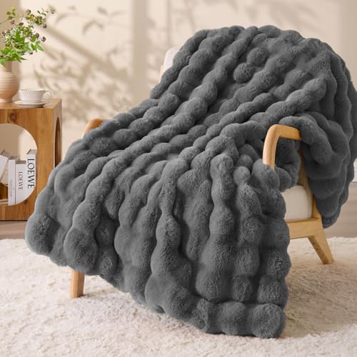 Image of BEDELITE Faux Fur Throw Bubble Blanket for Couch, 50 inch x 60 inch, Dark Grey | 870GSM Soft Cozy Plush Blanket for Sofa & Bed Living Room Decor, Warm Fuzzy Faux Rabbit Fur for Women Gift, All Season Use