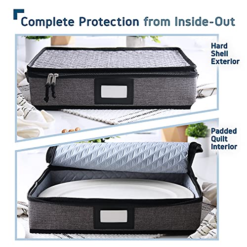 Image of Hearth & Harbor Platter Storage Cases, China Storage Containers, Grey | Hard Shell, Quilted Dish Storage with Felt Dividers, Handles and Lid for Moving, Seasonal Organization, Service of 12