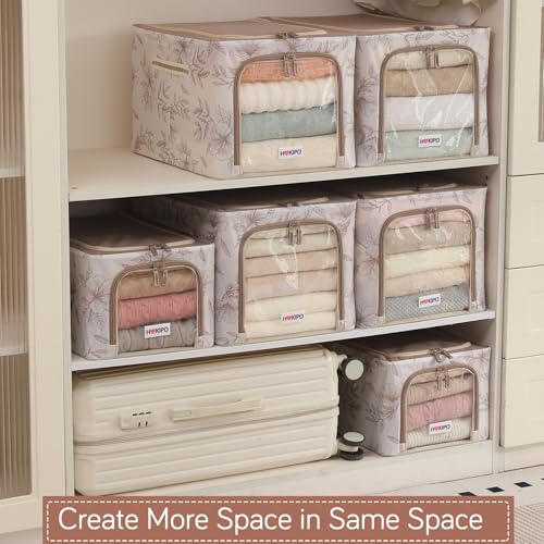 Image of HOKIPO Folding Storage Box and Organiser for Clothes, 600D Oxford Fabric Storage Box, Latte Floral - Medium Pack of 2 (AR-6488-LBR*2)
