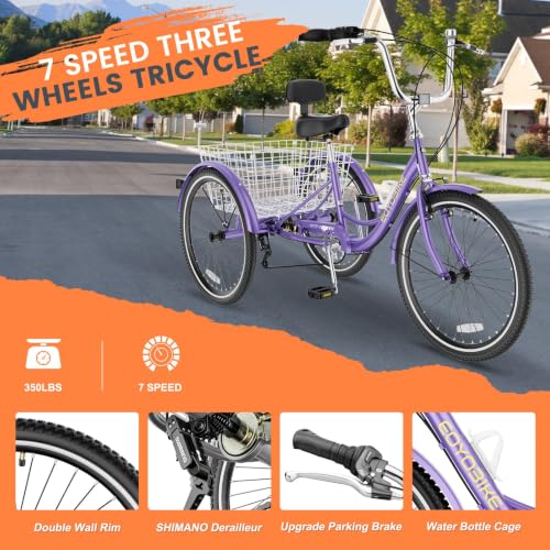 Image of Adult Tricycle, 7 Speed Adult Trike, 20 /24 /26 inch 3 Wheel Bike with Basket | Low Step-Through Frame, Wide Seat with Backrest, 350 lbs Capacity, Tricycle for Adults, Seniors, Women and Men