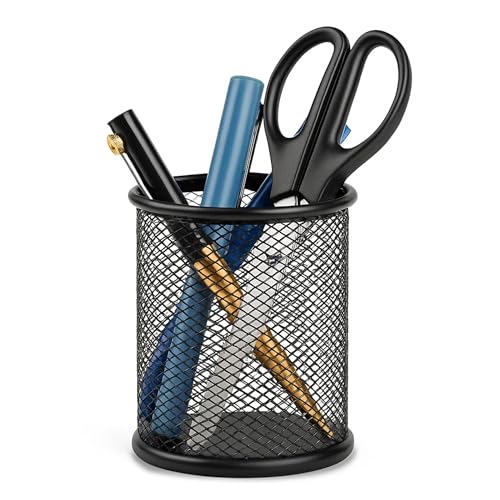 Image of GLUN Black Round Metal Net Desk Marker Holder, Pack of 1 Spray Painted Black Stationery Accessories Organiser Holder, Use at Office, School & Home