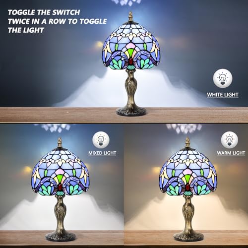 Image of 8'' Stained Glass Table Lamp, Vintage Desk Bedside Night Light | Stained Glass Crystal Bead Style Table Light, Handmade Antique Art Craft Gifts, for Living Room Bedroom (Blue Baroque)