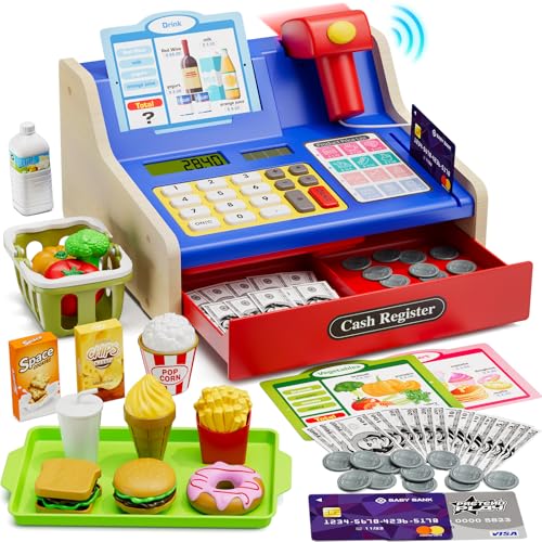 HYES Caja Registradora de Madera para Niños con Escáner y Sonido, Calculadoras Reales, Juguetes Dinero / Monedas / Tarjeta de Crédito / Cesta de Compras, Navidad Regalo Juego para Niños Niñas, Azul