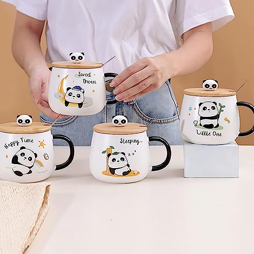 Image of BonZeal Ceramic Panda Mug Set - 4 Tea Coffee Cups With Lid and Spoon - Birthday, Christmas, New Year Gift for Kids, Friends, Secret Santa - 400 ml