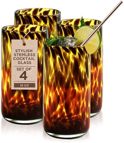 IMPULSE! Tortoise Leopard Print Brown 16 oz. Highball Rocks Glass...