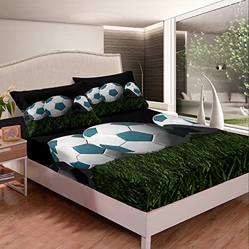 Juego de Ropa de Cama de fbol con Tema Deportivo Sana Bajera Ajustable para NIS NIS Adolescentes Pelota de fbol Juego de Cama Transpirable Juego competitivo Funda de Cama decoraci de habitaci de cped