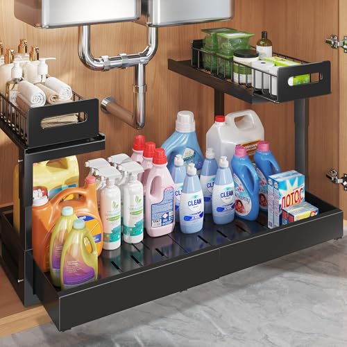 Image of 1 Pack-16 inch-26 inchW Expandable Under Sink Organizer With Upgrade Ball-Bearing Slide,2-Tier Pull Out Under Cabinet Organizer Height Adjustable,Not Suitable For Cabinets With Partitions In The Middle