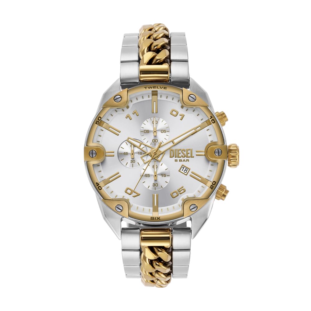 Diesel Hombre Spiked Bicolor Acero Inoxidable Reloj y Dorado Pendientes, Set