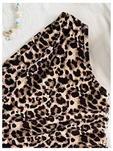 Verdusa Girl's Leopard One Shoulder Tops Y2K Summer Ruched Asymmetrical Sleeveless Tops4