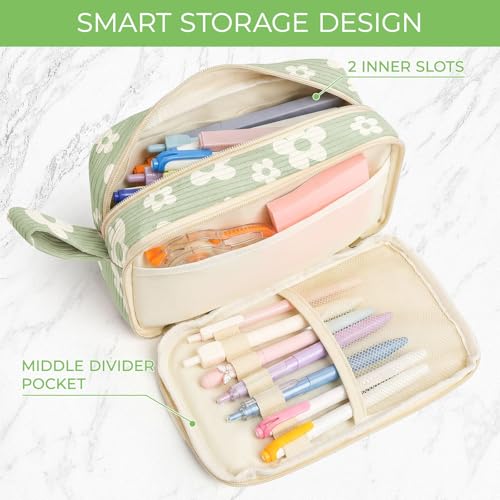 Image of WOBAGMEN Cute Pencil Case,Large Corduroy Zippered Pencil Case Pouch, aesthetic Pencil Bag with Compartments, Pencil Pouch School Supplies (Cute Green Floral)
