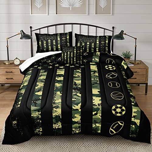 Move Over American Flag Comforter Set Queen 4 Pcs Military Camouflage Comforter Arm Green USA Flag and Balls Printed Teens Kids Boys Bedding Set (Army Green,Queen)