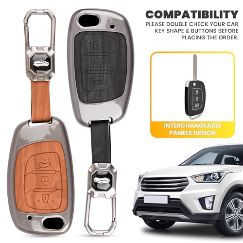 Image of Car Key Cover Compatible with Hyundai Creta, Venue, Tucson, Alcazar, i20, Grand i10 Nios, Aura, Xcent, Exter 3-Button Smart Flip Key (Dual Leather Metal (Black & Brown))