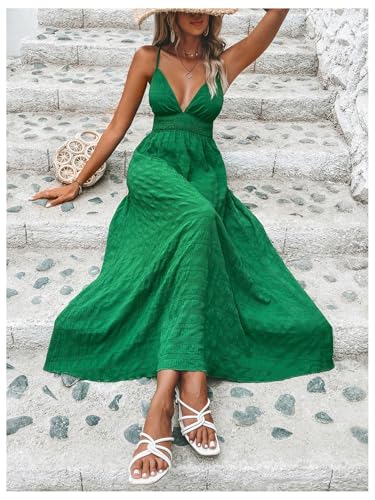 Image of Milumia Women's Summer V Neck Backless Maxi Dress Boho Spaghetti Strap A Line Flowy Beach Long Sundress