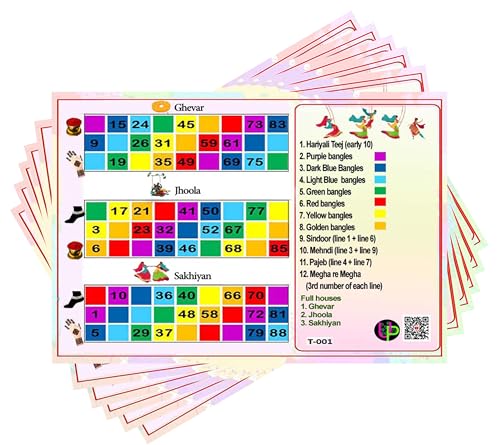 Image of Teej Theme Tambola Tickets - Set of 15 Tickets, Normal 3S Edition, Vibrant Hariyali Teej Kukuba Housie Bingo Cards, Board Game Set with Illustrations (English)