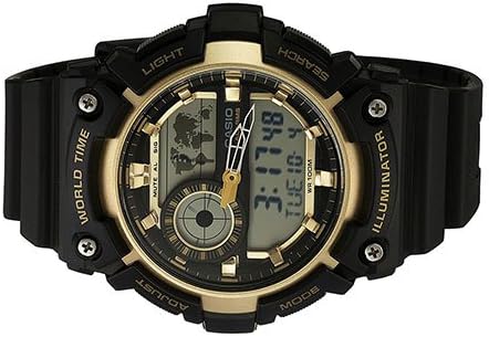 Casio AEQ-200W-9A watch face with buttons labeled