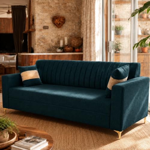 Image of FURNY Signature Regalia 3 Seater Sofa Set | Boston Fabric | 40D Foam + Zigzag Spring | 3-Yr Warranty (Peacock Teal & Warm Beige) | Modern Living Luxury Sofa Set for Home, Office & Hotel Spaces