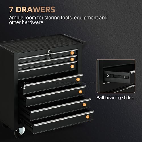 DURHAND 7-Drawer Rolling Tool Chest on Wheels, Lockable Tool Cabinet with Side Handle, Metal Tool Box Trolley for Garage, Workshop, Matte Black - Image 3