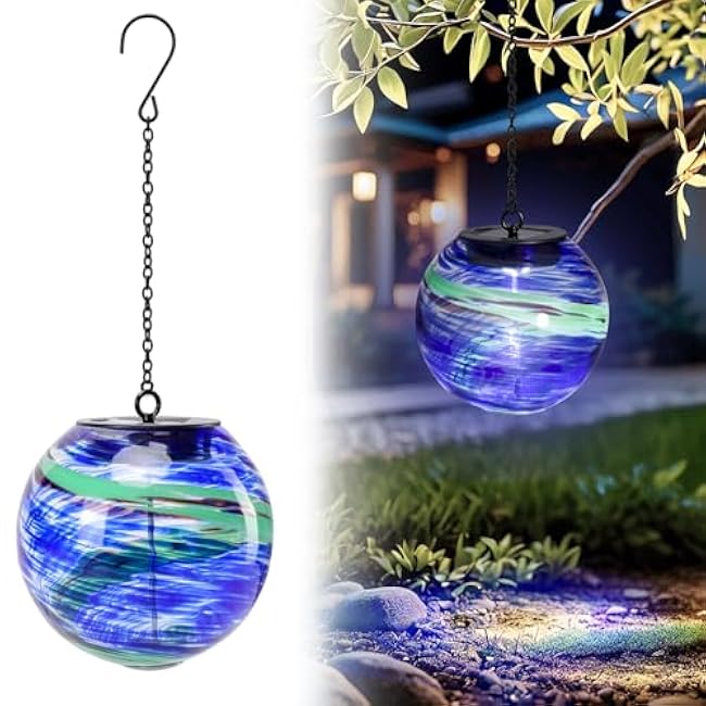 VCUTEKA Solar Chandelier Outdoor, Hanging Glass Solar Light with Hook Up, Garden Lanterns Decor for Yard, Tree and Patio, Blue Green