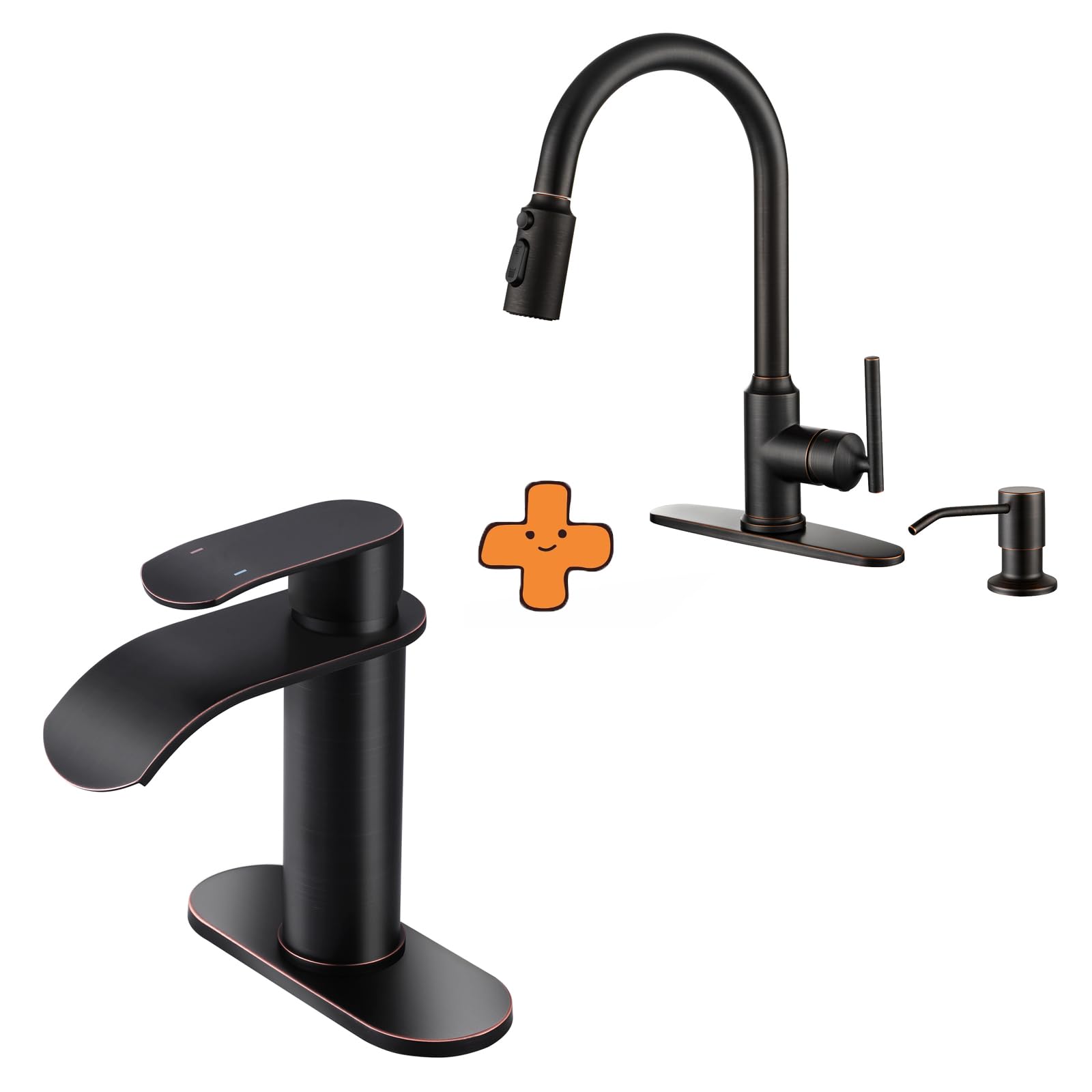 Jnfidosr Bronze Waterfall Bathroom Faucet,Oiled Rubbed Bathroom Sink Faucet And Kitchen Faucets With Pull Down Sprayer, Oil Rubbed Kitchen Faucet