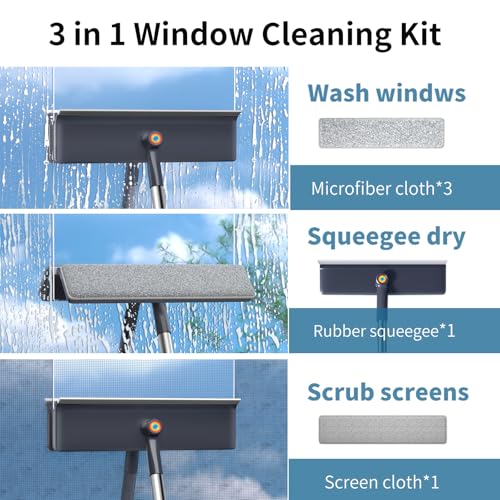 Image of 3 in 1 Window Squeegee for Home, Window Cleaning Kit with 60 inch Extension Pole, Professional Window Cleaner Tool for Outdoor Windows, Glass, Mirrors, Screens with 3 Microfiber Cloths & Screen Brush