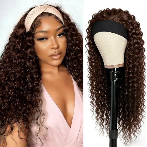 Image of XSY Headband Wig Human Hair #4 Chocolate Brown Deep Wave Headband Wig Human Hair for Woman Unprocessed Brazilian Virgin Hair Machine Made Wigs 150% Density 22 Inch