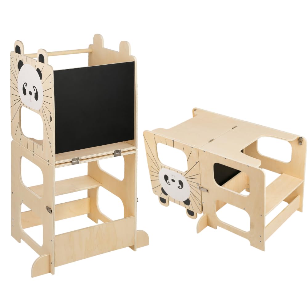 3 en 1 Torre de Aprendizaje Niños, Torre Aprendizaje Montessori de Madera, Plegable Torre de Aprendizaje, Learning Tower con Pizarra Negra Convertible en Escritorio Infantil