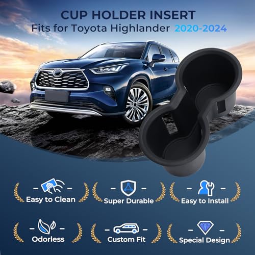 Image of Center Console Cup Holder Inserts for Toyota Highlander L LE XLE XSE Limited Platinum 2024 2023 2022 2021 2020, Interior Accessories Silicone Car Cup Holder for 2020-2024 Highlander, Black