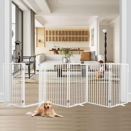 6 Panels Freestanding Baby Gate Heavy-Duty Dog Gate with Walk-Through Door Free Standing Dog Gate for Stairs Large Shape-Configurable Metal Fence with Support Feet, White, 396×76 cm