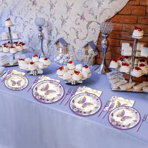 Image of ZOIIWA 96 PCS Purple Butterfly Birthday Party Tableware Set - Butterfly Themed Party Decorations, Plates, Napkins, Forks for Girls, Women, Baby Shower Favors